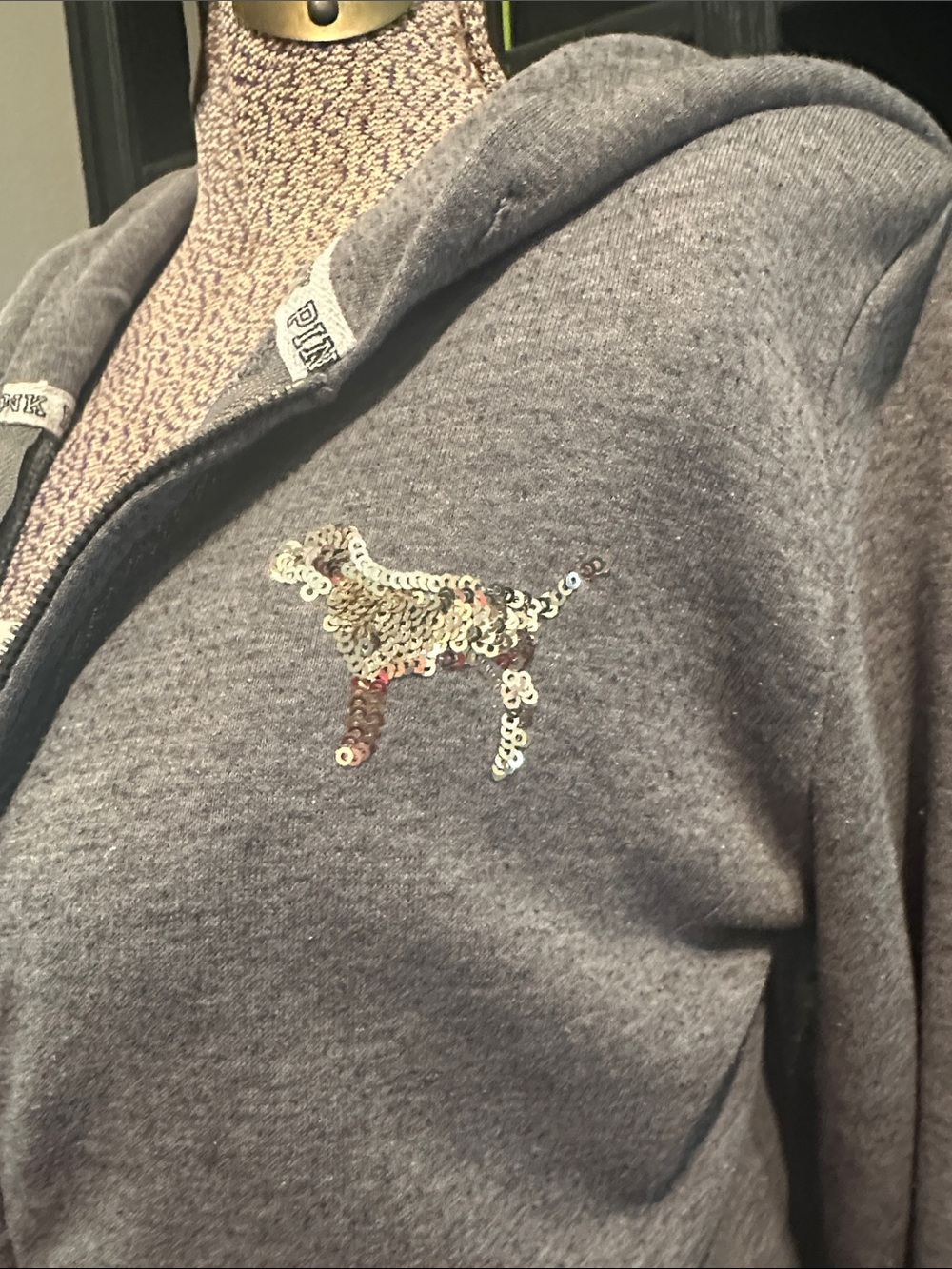 PINK Victoria's Secret Gray Zip Hoodie with Leopard Sequin Stripe - Picture 3 of 7